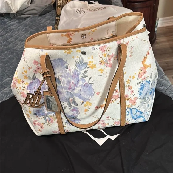 Ralph Lauren Cream and Tan Tote Bag with Floral Design - Picture 8 of 8